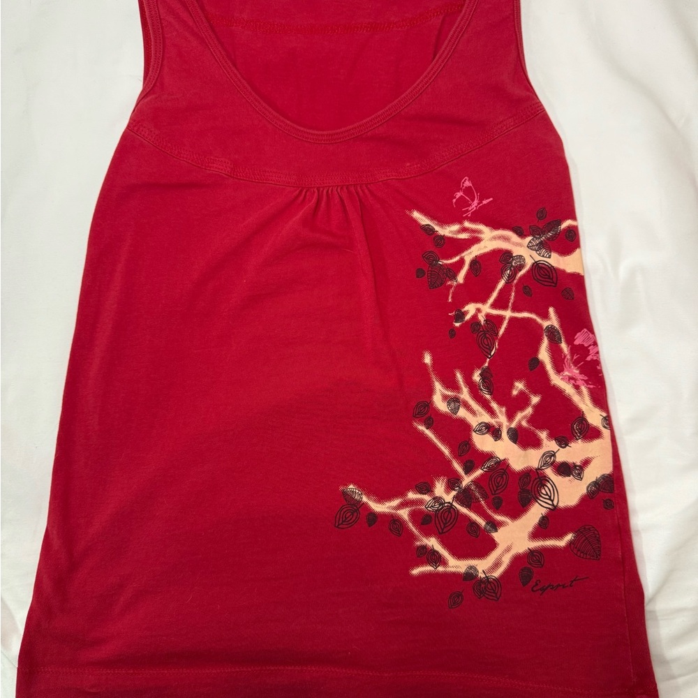 Red Esprit Sleeveless Top with Floral Design